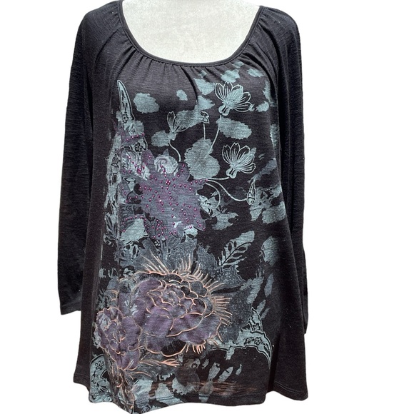 Style & Co. Tops - Style & Co Womens Black Purple Blouse Top Bedazzled Ruching Medium EUC